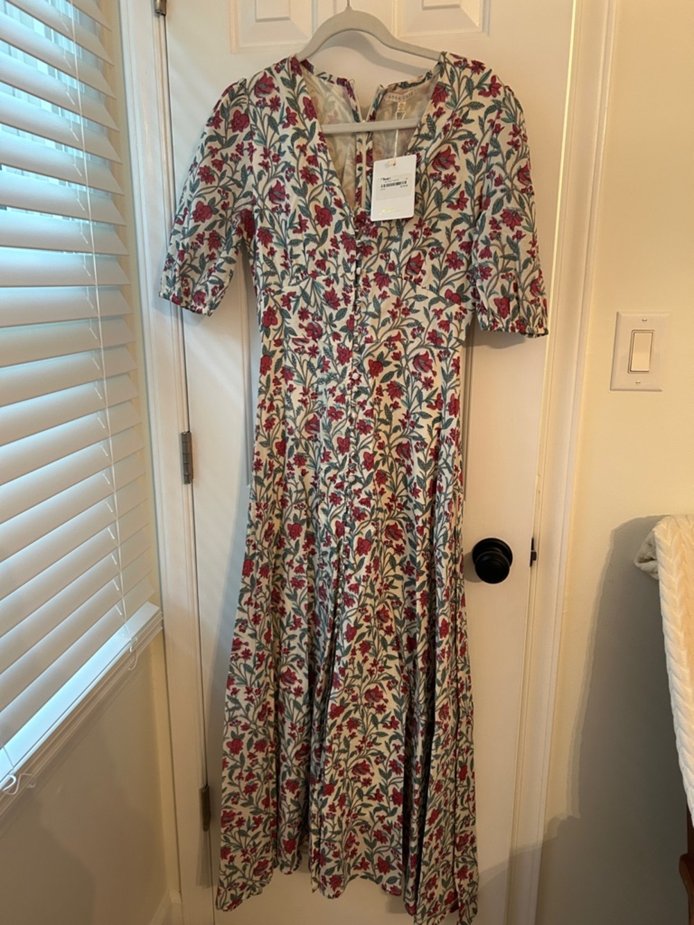 Floral V-Neck Maxi Dress in Cream with Red Blooms